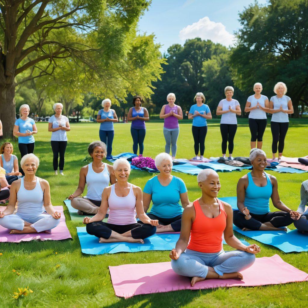 A heartwarming scene depicting a diverse group of cancer survivors joyfully sharing their stories in a sunlit park setting. Surrounding them are symbols of wellness, like yoga mats, healthy foods, and colorful flowers representing hope and resilience. The backdrop features a clear blue sky and gentle green grass, creating a peaceful yet inspiring atmosphere. The faces of the survivors show determination and happiness, embracing life after their battles. vibrant colors. super-realistic.