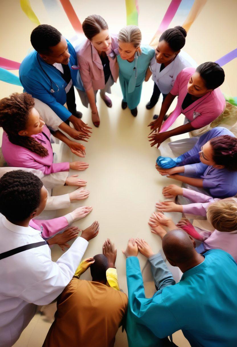 A diverse group of people gathered in a supportive circle, symbolizing hope and strength, with a backdrop of a serene hospital environment. Include visual elements like colorful ribbons for cancer awareness, a compassionate healthcare professional engaging with patients, and uplifting quotes floating around them. The atmosphere should evoke warmth, trust, and a sense of community. vibrant colors. super-realistic.