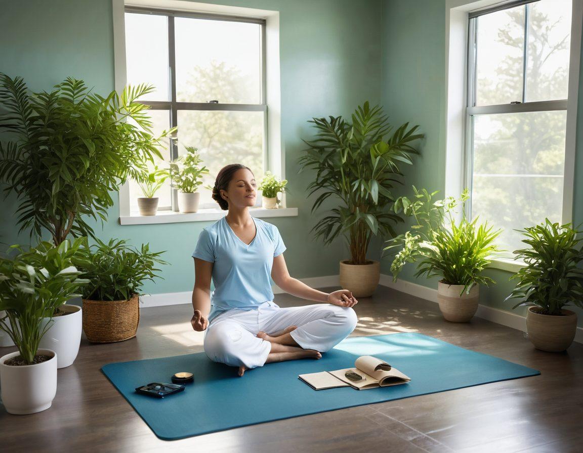 A serene hospital room with sunlight filtering through the windows, showcasing a patient meditating on a yoga mat, surrounded by fresh plants and mindful wellness tools like journals and essential oils. Include a calming color palette with soft greens and blues, symbolizing hope and healing. Add an inspirational quote about wellness on the wall. super-realistic. vibrant colors. natural light.